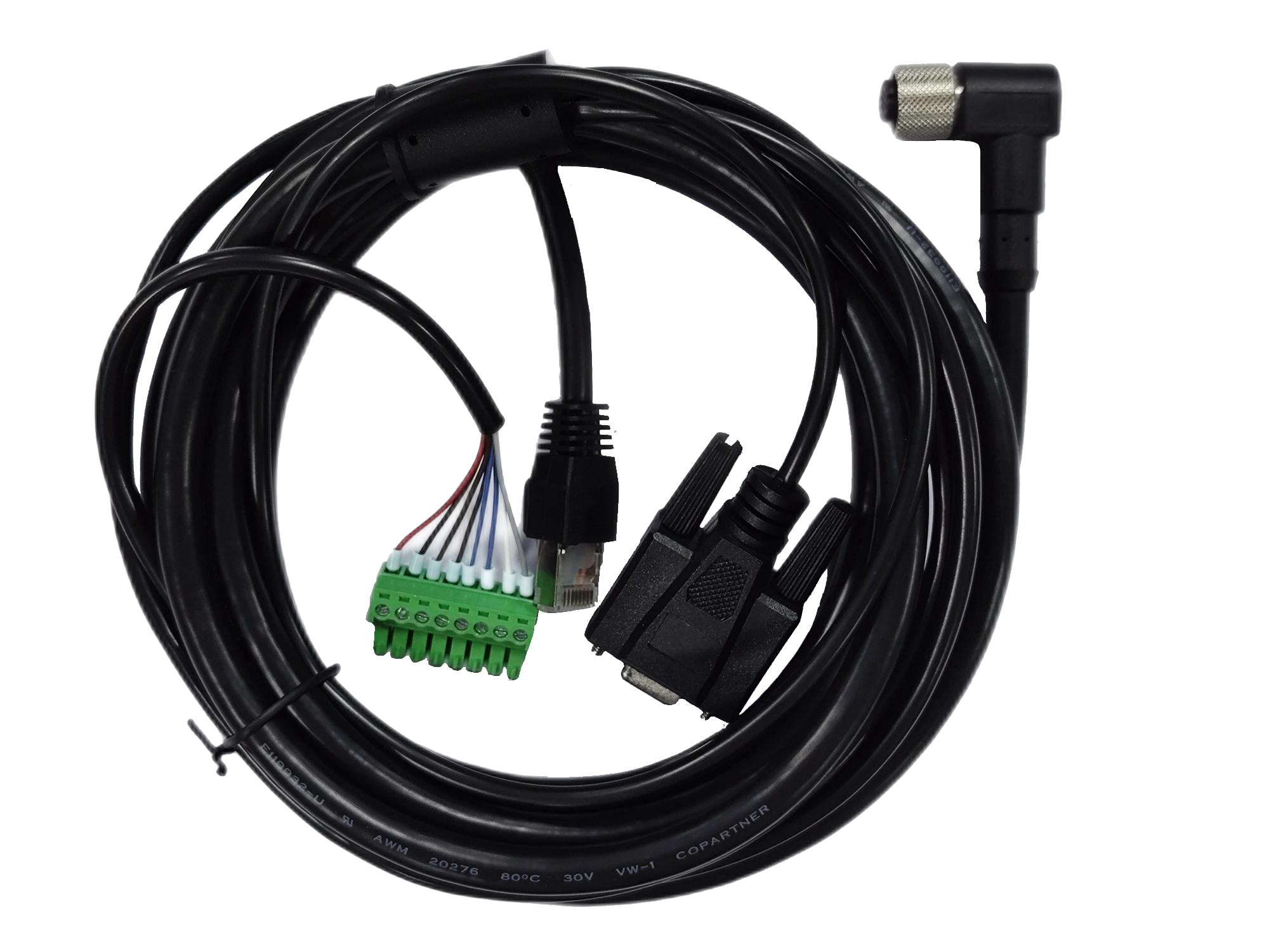 Integrated wire mesh port static 90°, 10 meters, 17pin to open/RJ45/DB9